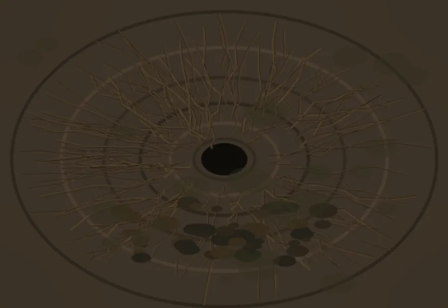 Illustration of roots and debris blocking the inside of a sewer pipe, as a drain camera would see it