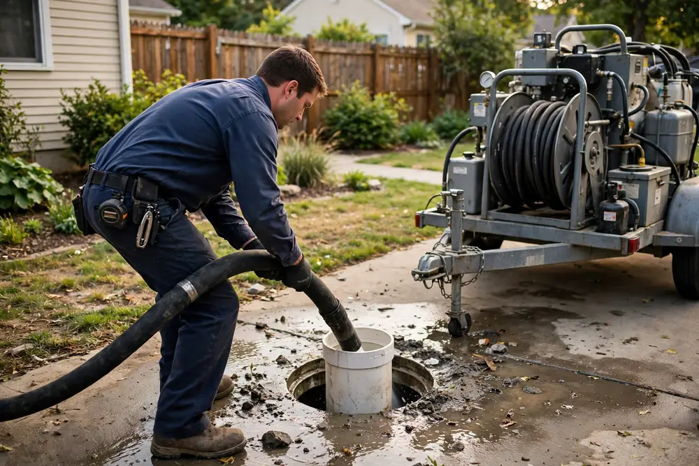 A large line being worked on outdoors with jetting equipment